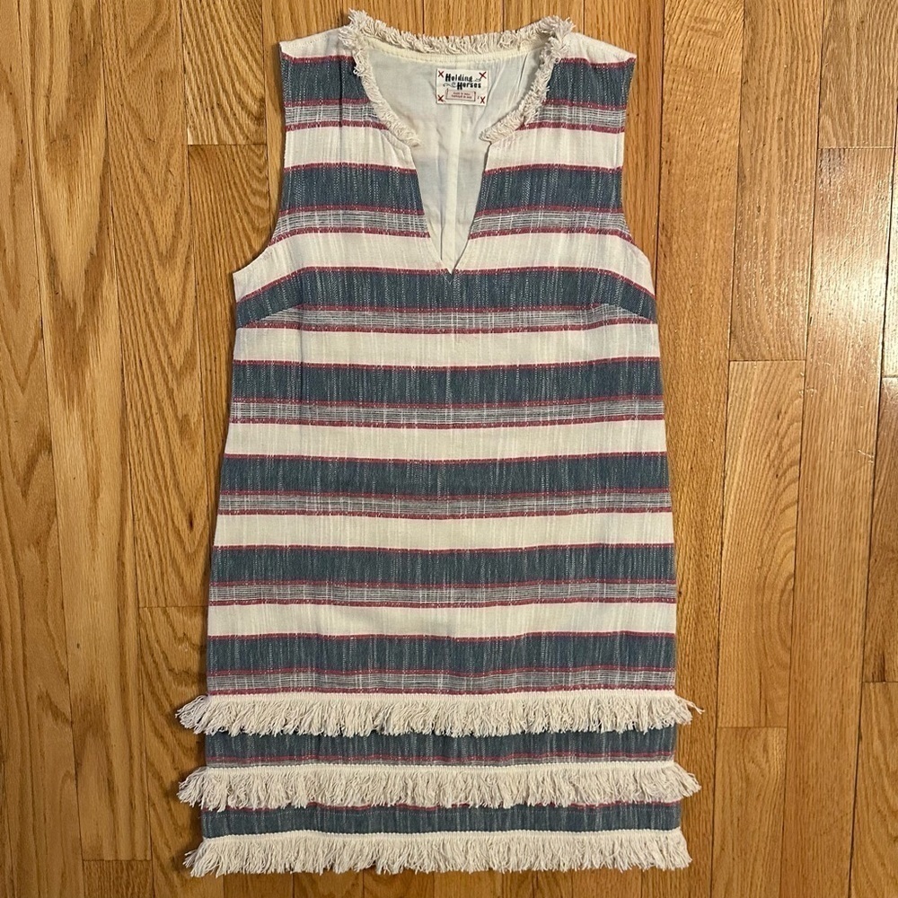 Anthropologie Holding Horses Fringe Stripe Sleeveless Shift Dress Sz 2 Blue Crea